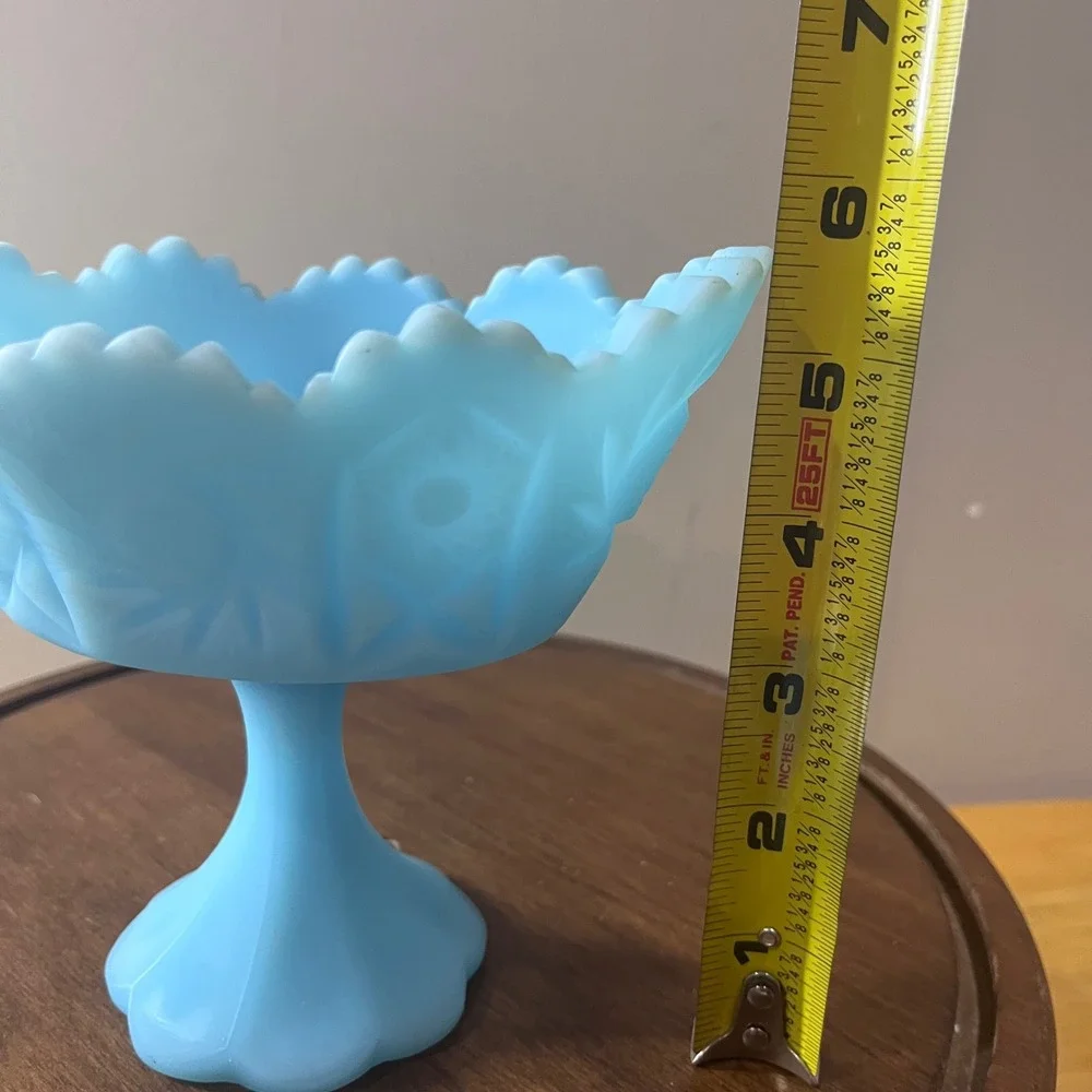 Vtg Fenton Blue Milk Glass Compote Pedestal Dish Scalloped 5.5